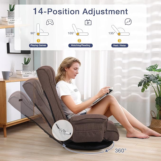 Linen Fabric Ergonomic Gaming Chair, 6-Position Reclining Sofa Bed with Lumbar Support, Foldable Floor Lounger with Thick Cushion, Armrests & Side Pockets for Esports, Reading, Napping (Coffee)