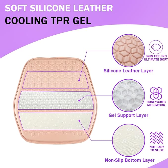 Binsheo Thin Gel Seat Cushion for Car Seat, Office Chair, Wheelchair, Golf Cart - Non-Slip Car Seat Cushions with 0.7 Inch Gel - Sciatica & Coccyx Pain Relief (Leather, Pink)