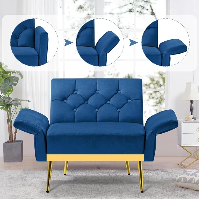 ACMEASE Velvet Accent Chair w/Adjustable Armrests and Backrests, Tufted Single Sofa with Ottoman, Upholstered Reading Chiar for Living Room, Apartment, Bedroom, Blue
