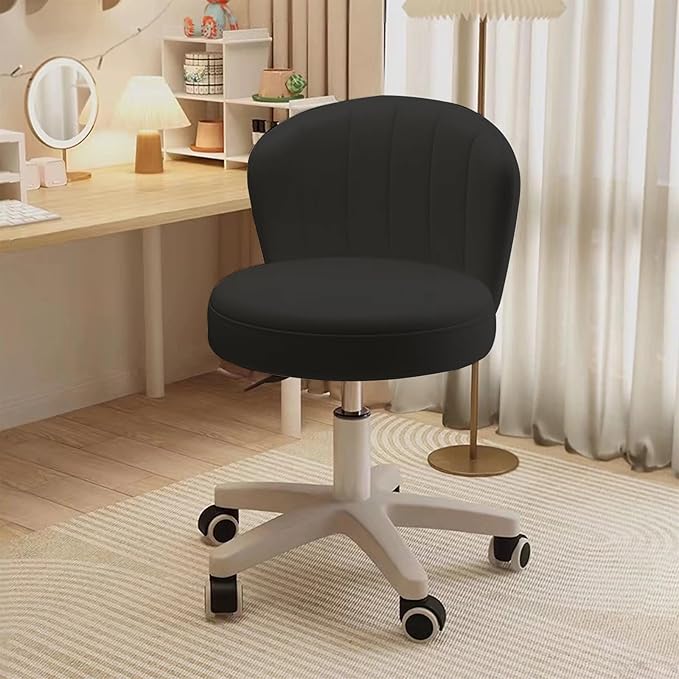 HDHNBA Small Desk Chair Round Rolling Chair with Back PU Leather Height Adjustable Swivel Vanity Work Computer Stool Chair for Home Office Bedroom