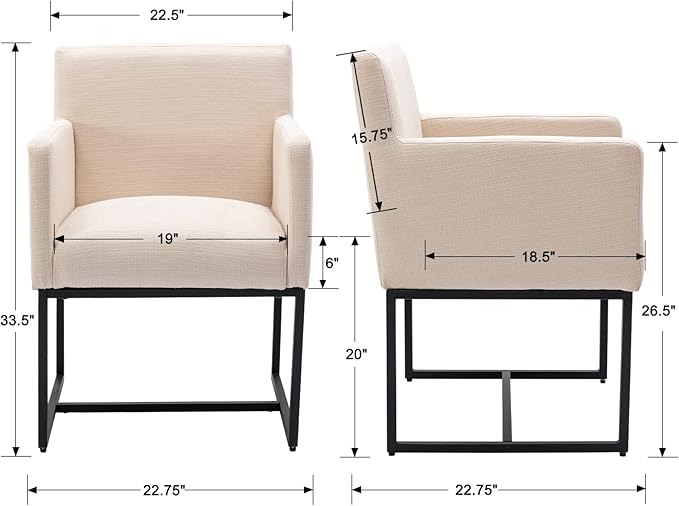 BESTANO Linen Upholstered Dining Chairs with Arms Set of 2, Mid Century Modern Kitchen Chairs with Black Metal Frame Accent Armchairs Padded, Cream