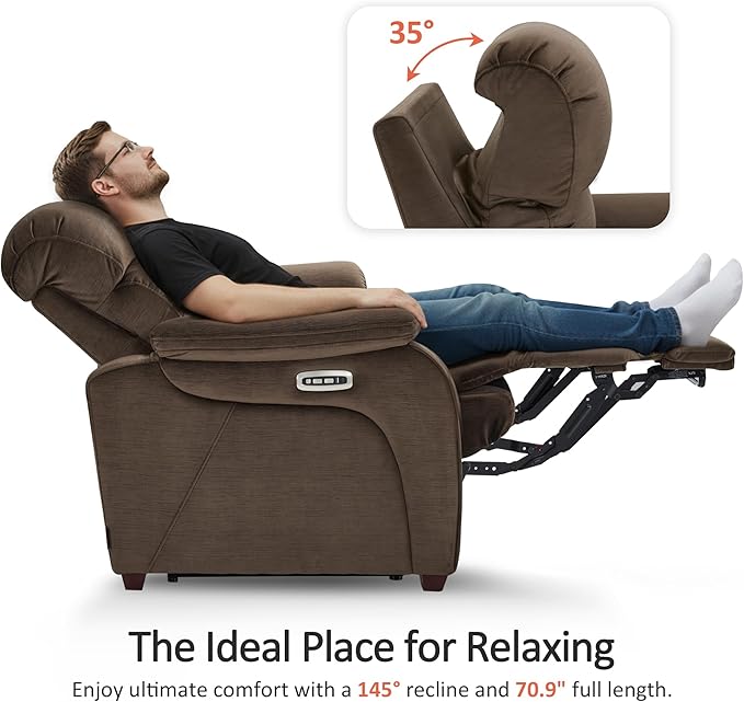 MCombo 61.6'' Wall Hugger Power Loveseat Recliner, Reclining Loveseat with Adjustable Headrest, USB Charge Ports, Wood Legs for Living Room, RVs, Small Spaces, Fabric ST258M1 (Loveseat, Coffee)