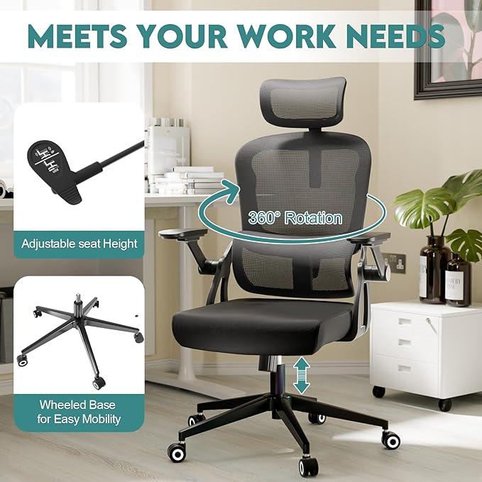 Office Chair Ergonomic Desk Chair with Lumbar Support&Headrest&Flip-up Arms Height Adjustable Rocking Swivel High Back Computer Chair Multi-Angle from 90° to 125° with 350LBS Capacity(05Black)