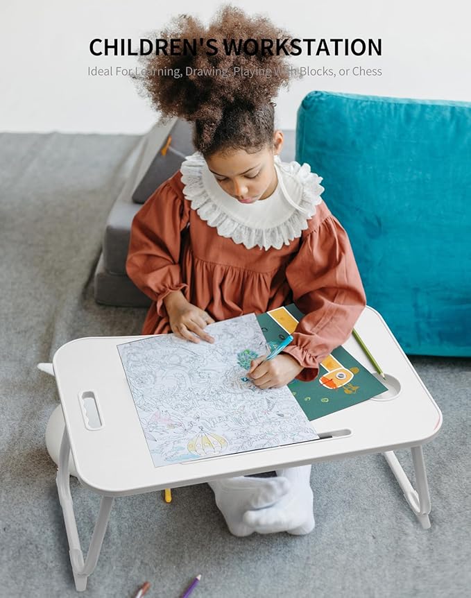 ZEAPTAC Laptop Bed Desk, Foldable Lap Desk, Portable Lap Table, Laptop Stand with Cup Holder & Tablet Slot & Lifting Handle for Working Writing Drawing & Eating - White