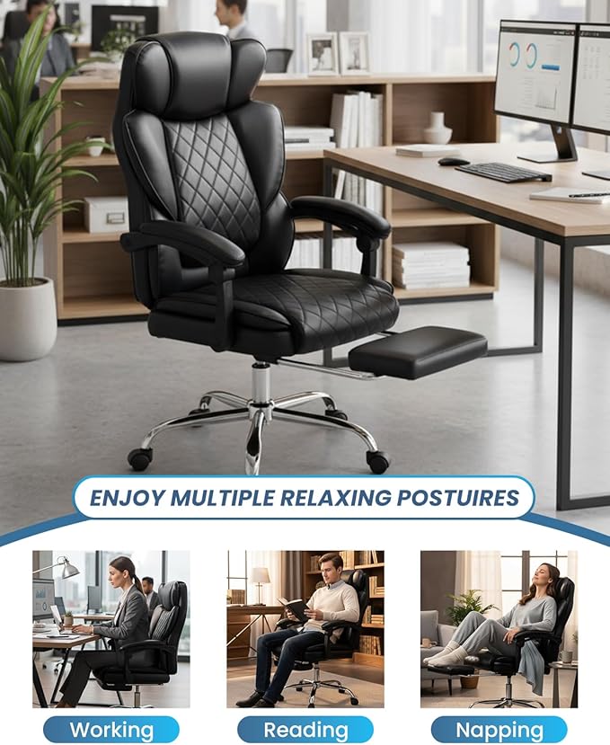 Massage Chair with Footrest and Wider Upholstered Seat, Ergonomic Executive Vibration & Heat Office Chair for Heavy People, Big and Tall Reclining Desk Office Chair for Home Office, Black