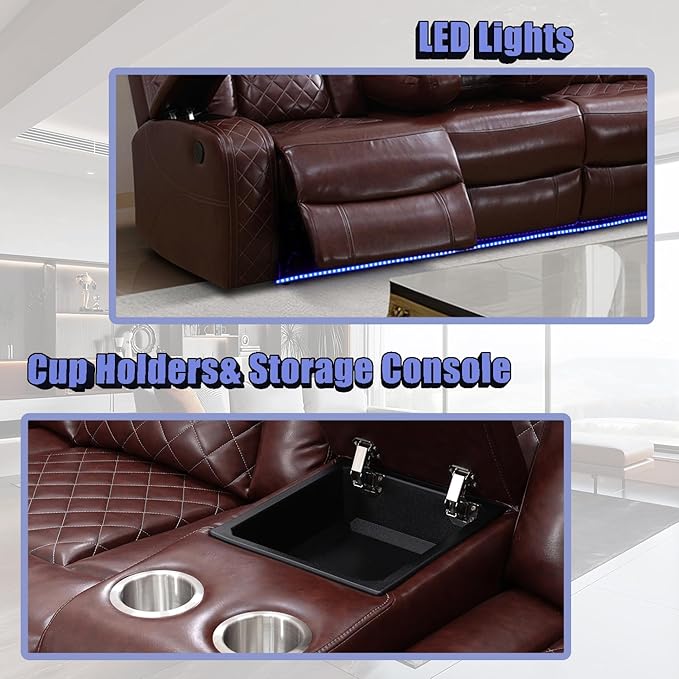 Dekmxas Leather Sectional 3-Piece Living Room Furniture Sets with LED Light, Power Recliner Sectional Sofa, Brown Power Reclining Sofa Couches Set with Cup Holder/Storage Console for Home Theater