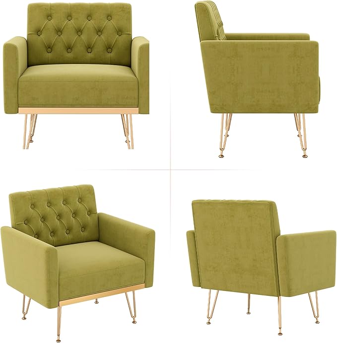 Accent Chair for Living Room, Comfy Oversized Velvet Upholstered Arm Chairs, Mid Century Modern Reading Single Sofa Side Chair with Tufted Back and Gold Legs for Bedroom (1, Olive Green)