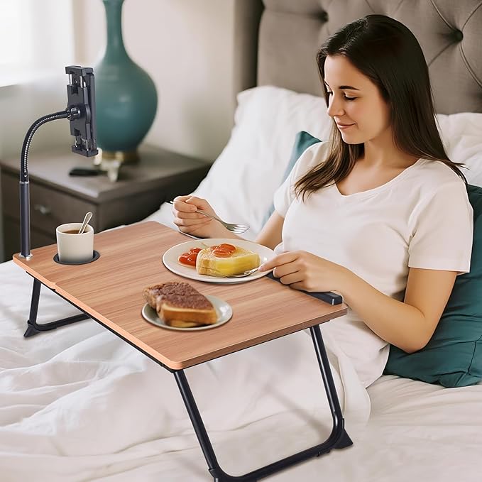 Adjustable Wooden Lap Desk with Flexible Stand, Natural Oak Color, Portable Workstation with Cable Management, Ergonomic Design for Home Office (Wood+Black)