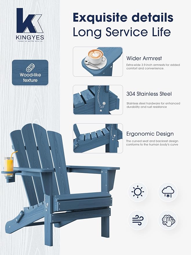 KINGYES Folding Adirondack Chair Set of 6, HDPE All-Weather Patio Chairs with Cup Holder, Wooden Textured Fire Pit Chairs for Poolside, Backyard, Deck, Navy