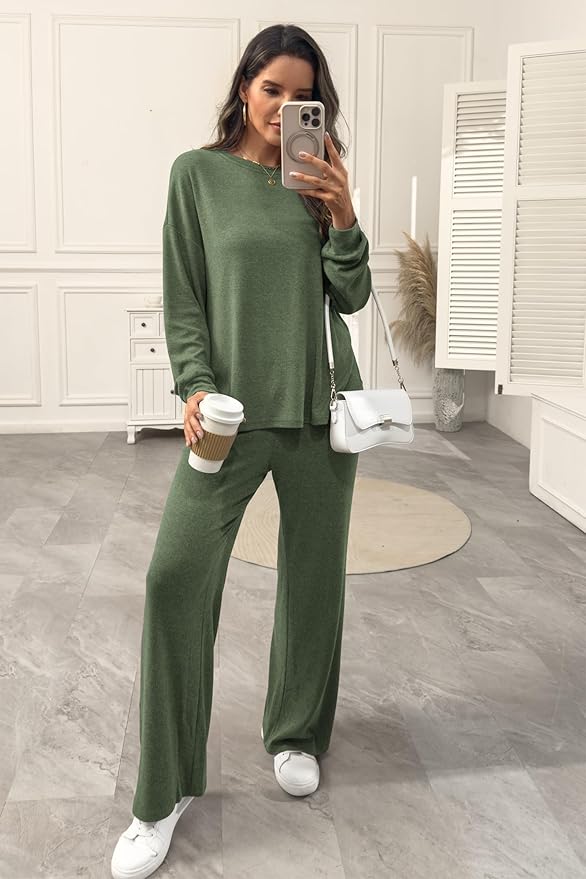 AmazingStar Womens Lounge Set 2025 Fall 2 Piece Outfits Long Sleeve Tops Wide Leg Long Pants Cozy Matching Sets Clothing