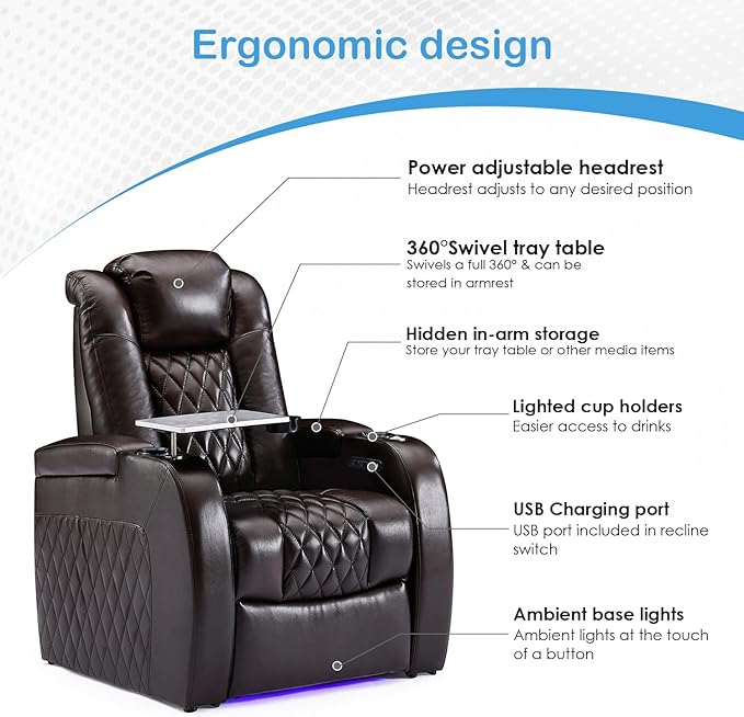 Weilianda Home Theater Seating Top Grain Leather Zero Gravity Recliner Chair Power Headrest Recline Movie Seat Gaming 7 Colors Mood Light Sofa with Tray Table USB Charge Row of 4 Loveseat Right Brown