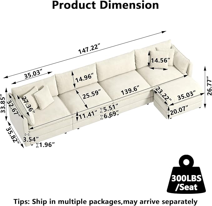 Aoowow Modular Sectional Sofa Modern Convertible L Shaped Couch,147.2 Inch Deep 4-Seater Sofas Set Comfy Chenille Cloud Sofas and Couches with Movable Ottoman for Living Room Apartment（Beige）