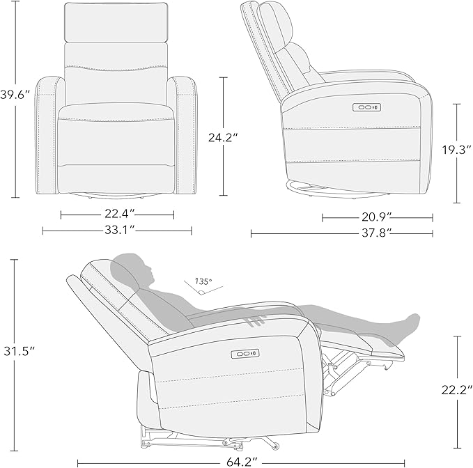 Watson & Whitely Swivel Power Recliner with Adjustable Headrest, Recliner Chairs for Adults, Small Glider Rocker for Living Room, Fabric in Linen