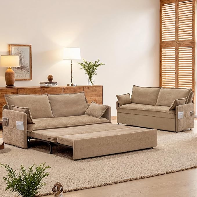 GRAINLLE Pull Out Couch,Loveseat Convertible Sleeper Sofa Bed with USB,Pull Out Sofa Bed Side Storage,2 Pillows,Corduroy Sleeper Couch for Living Room,Bedroom,Apartment,Pet-Friendly (Khaki, 59.5'')
