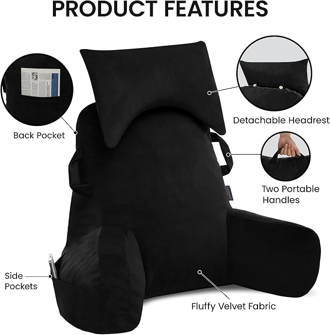 Unisakey Portable Reading Pillows with Headrest for Bed Sitting Up(Black Oeko-Tex), Velvet Back Pillow with Arms & Pockets for Adults, Support Memory Foam Bed Pillow for Dorm/Reading/Watching/Gaming
