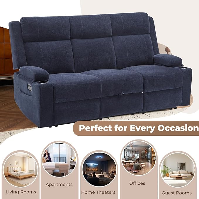 PALLOME Chenille Reclining Sofa 3-Seater with Convertible Table, Storage Ottoman & Cup Holders | Modern Space-Saving Couch, Ergonomic Living Room Furniture (Blue)