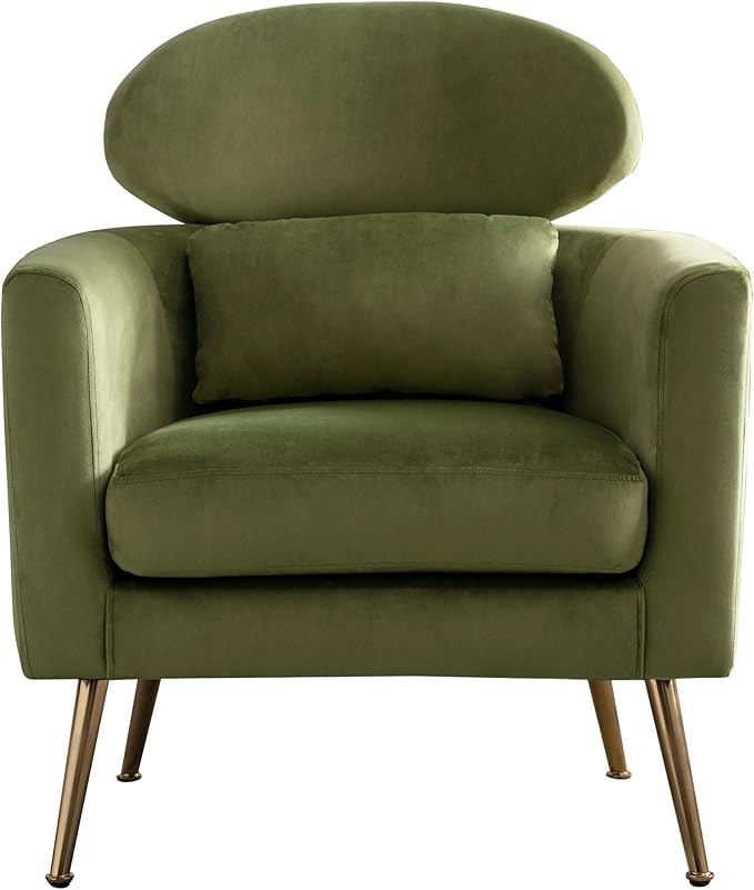 DM Furniture Velvet Accent Chair Comfy Living Room Chair Slipper Chair Mid Century Single Sofa Arm Chair with Golden Legs and Pillow for Bedroom/Guest Room, Olive Green