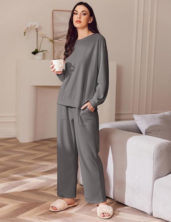 Ekouaer Womens Tracksuits 2 Piece Long Sleeve Outfits Micro Fleece Sweatsuit Sets Wide Leg Sweatpants