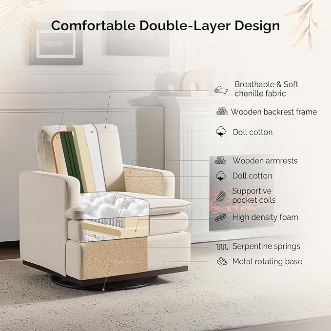 VINGLI 360°Swivel Mid-Century Modern Accent Armchairs Set of 2 with Double-Layer Seat Cushions, Comfy Single Square Sofa, Upholstered Club Chairs for Living Room,Bedroom, Reading Room, Chenille Beige