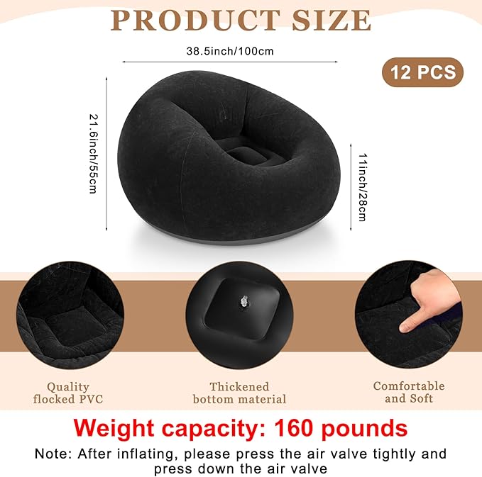 Realspring 12 Pcs Inflatable Bean Bag Chairs for Adults with Electric Air Pump, Blow up Couch Folding Portable Inflatable Couch Lazy Sofa for Outdoor Movie Nights Camping Room (Black)