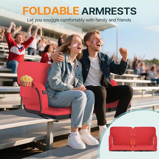 HOPERAN 25" 2pcs Dual-Sided Heated Stadium Seats for Bleachers with Back Support, 3 Levels Heating Stadium Seating for Bleachers Seat with Backrest, 5 Pockets Portable Stadium Chair(Red)