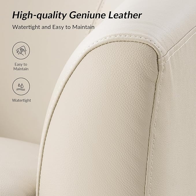 HULALA HOME Genuine Leather Swivel Accent Chair with Solid Wood Base, Round Swivel Barrel Chair for Living Room and Bedroom, No Assembly Required, Beige