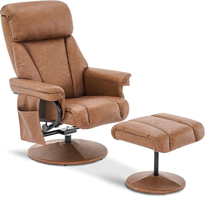 MCombo Swivel Recliner with Ottoman, TV Chair with Vibration Massage, Ideal for RV Small Space, Living Room & Bedroom 4539 4828 (Faux Leather, Saddle)