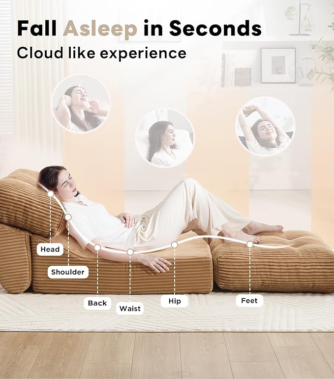 Tbfit 35.8'' Folding Sofa Bed, Convertible Sleeper Chair with Large Pillow, Corduroy Folding Couch Bed, Portable & Foldable Mattress Boneless Floor Sofa Set of 2, Brown