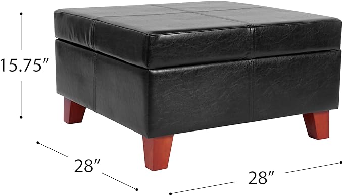 HomePop Faux Leather Square Storage Ottoman with Wood Legs, Black