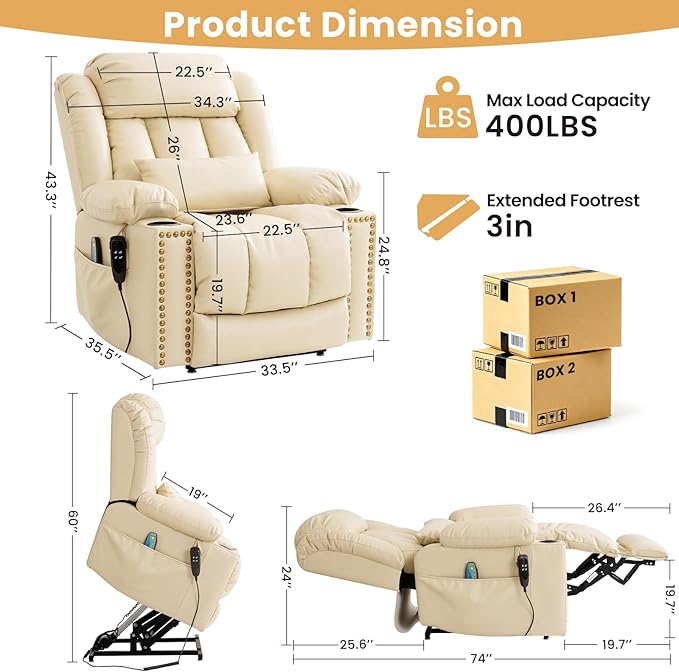Oversized Power Lift Recliner Chair for Elderly Big and Tall, Dual Motor Heavy-Duty Lift Chair with Heat & Massage, Lay Flat Wide Recliner, USB-C, Cup Holders, Lumbar Pillow, PU Leather, Beige