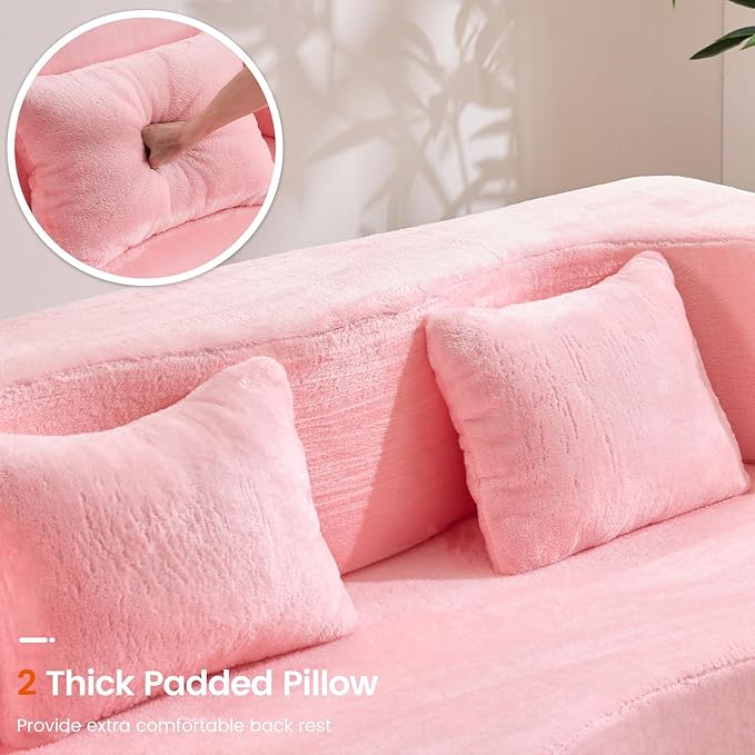 Orynveela Convertible Folding Sofa Bed, 71” Single Size Floor Sleeper Couch, Chenille Full Foam Futon Loveseat for Living Room Bedroom, No Assembly Required (Pink)
