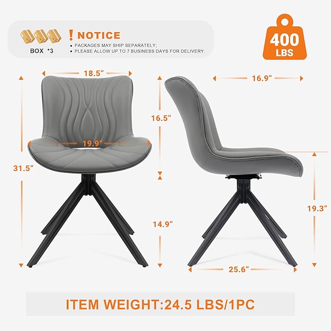 VATROS Dining Chairs Set of 6, 360° Swivel Upholstered Mid-Century Modern Kitchen Dining Room Chairs, Armless Faux Leather Accent Side Chair with Padded Back, Metal Legs for Living Room Bedrooms,Grey