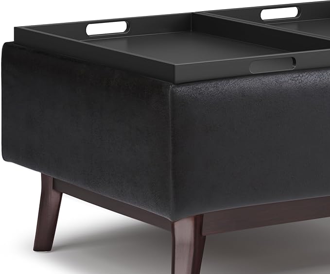 SIMPLIHOME Owen Tray Top Small Coffee Table Storage Ottoman - 34 inch Wide Upholstered Vegan Leather Rectangular Flip-Top Ottoman in Distressed Black, Mid-Century Ottoman for Living Room