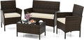 HAPPYGRILL 4 Pieces Outdoor Rattan Conversation Set, Patio Wicker Furniture Set with Loveseat Chairs & Tempered Glass Coffee Table, Outside Sectional Sofa Set for Backyard, Garden & Poolside
