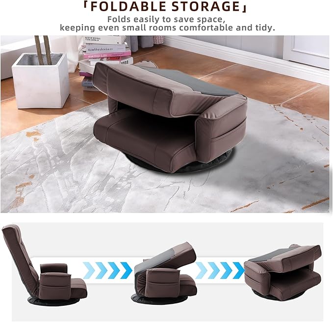 FLOGUOR 360° Swivel Gaming Floor Chair with Armrests – 14-Position Adjustable Folding Floor Sofa Lounger, Padded Backrest, Multi-Angle Recline for Home, Living Room & Office (Brown)