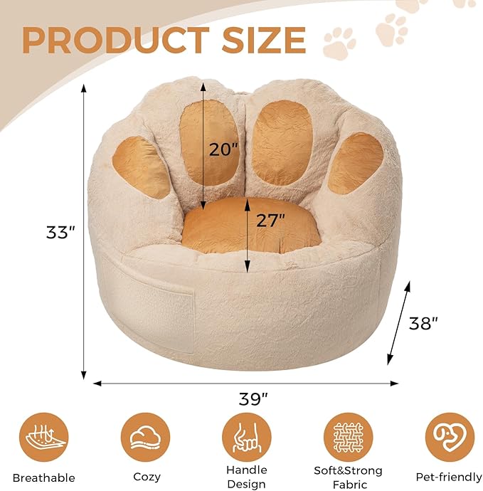 Bean Bag Chair for Adults Teens, Faux Fur Pet's Paw Shape Beanbag Chairs Memory Foam Filled Accent Floor Sofa for Kids Reading, Gaming, Relaxing in Living Room, Bedroom, Dorm, Playroom