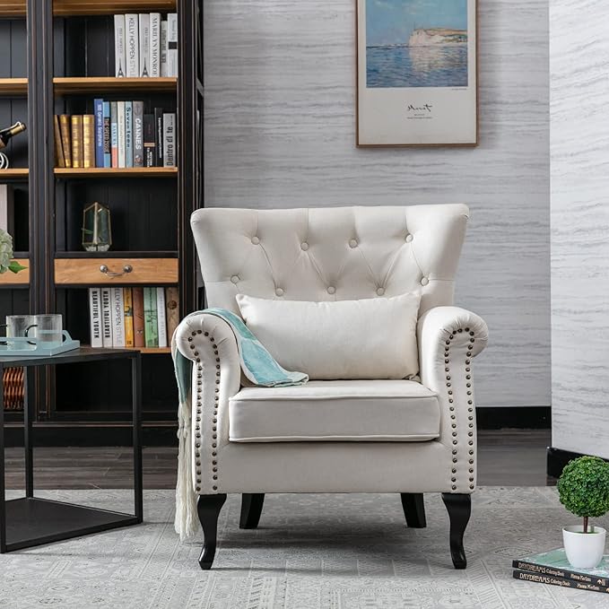 LZAREAL Accent Reading Arm Chairs Set of 2 for Living Room Bedroom, Midcentury Modern Comfy Corner Sofa Chair, Wingback Waiting Room Club Chair with Button Tufted Back &Lumbar Pillow, Linen Beige