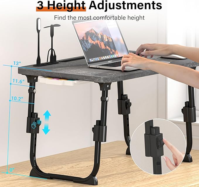 Laptop Desk for Bed Height Adjustable, Lap Bed Table with USB/Storage Drawer/Cup Holder/Tablet Stand/Book Shelf, Foldable Breakfast Tray Portable for Reading Writing, Sofa & Floor, Deep Stone Texture