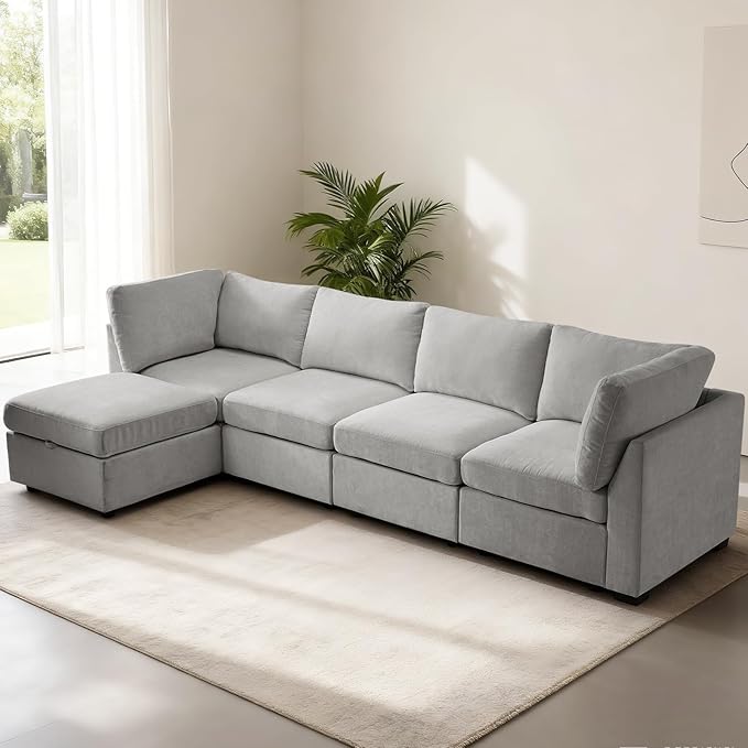 EDILLY 122 inches Oversized Modular Sectional Fabric Cloud Sofa Set, Extra Large L Shaped Couch Reversible Chaise Couch,4 Seat Modular Sofa with Storage Ottoman, Linen Grey