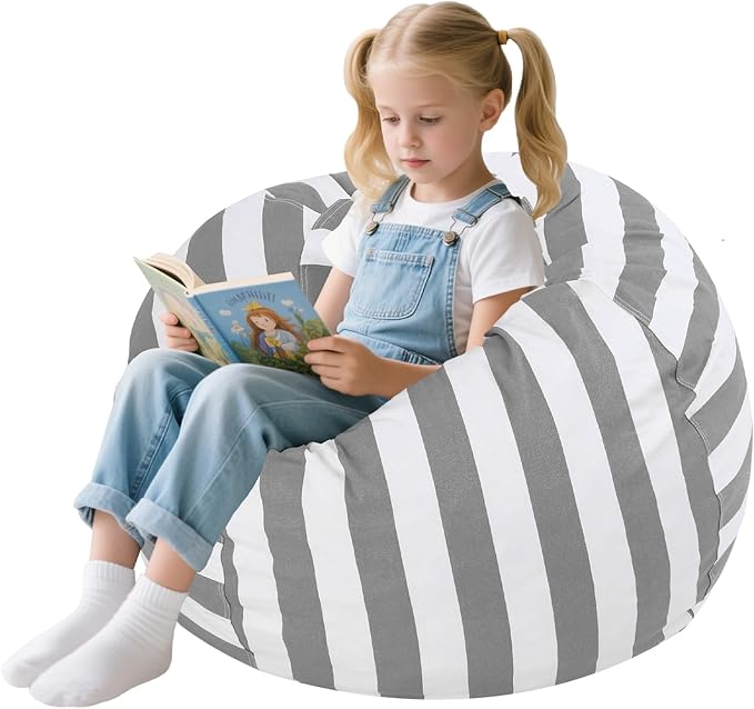COMAX Bean Bag Chair for Kids, Kid Beanbag Chair Cute, Cotton Canvas Lazy Chair with Shredded Foam Filling, Stuffed Floor Sofa Couch for Boys and Girls, Grey