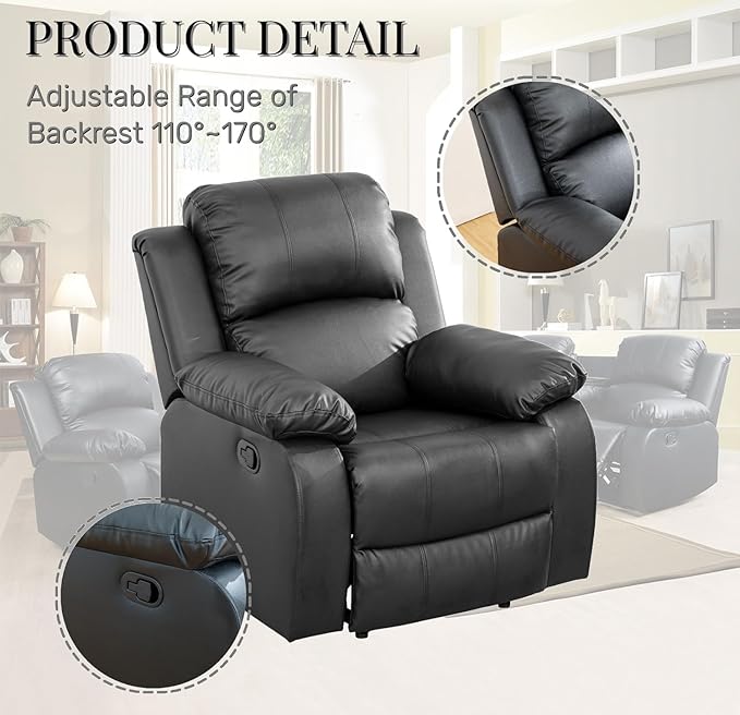 Caberryne Leather Recliner Chair for Living Room Furniture Set,Black Leather Reclining Couch for Small Space/Rv, Wall Hugger Single Recliner/Home Theater Chairs for House/Office(Chair)