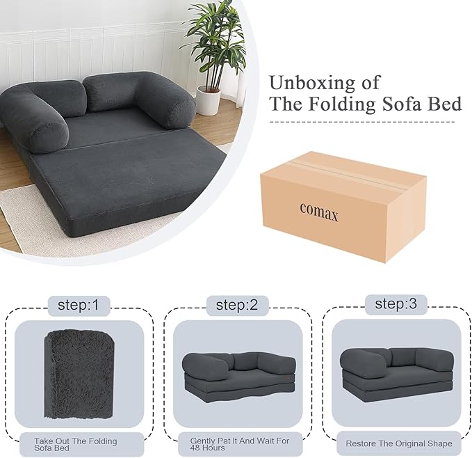 COMAX Folding Sofa Bed Queen, Foldable Couch Bed, Fold Out Futon Chair Sleeper for Adults, Convertible Floor Mattress Sofa for Bedrooom Living Room Guest Room, Faux Fur Dark Grey