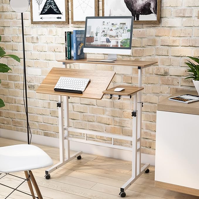 DlandHome Adjustable Rolling Desk Standing Desk, Sit-Stand Desk Cart Mobile Computer Desk Stand Up Desk Office Desk Riser Standing Table Workstation Mobile Desk, Oak