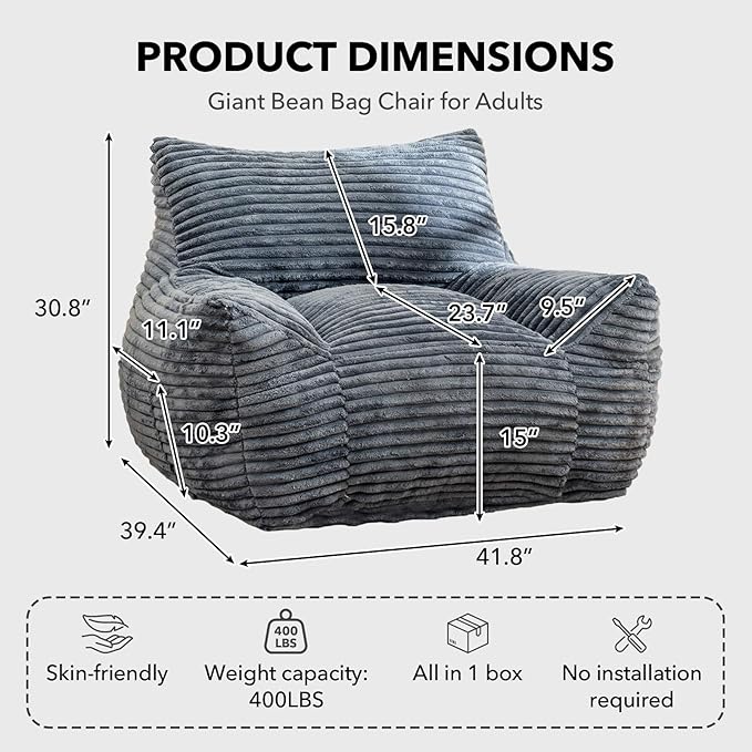 Giant Bean Bag Chair for Adults, Corduroy Upholstered Beanbag Chair with Side Pocket, Comfy Bean Bag Sofa with Portable Handle, Floor Sofa Chair for Bedroom (Grey)