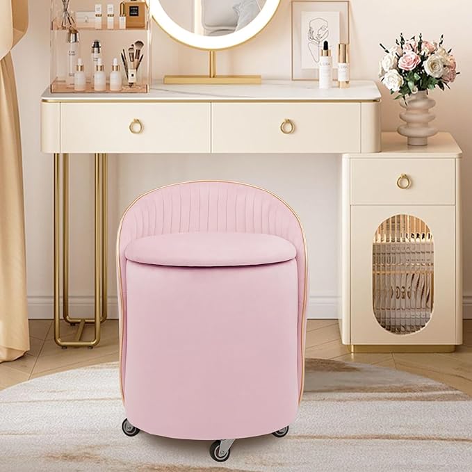 Round Storage Ottoman, Upholstered Velvet Vanity Stool with Lumbar Support, Swivel Rolling Wheels, Small Foot Stools Coffee Table Padded Seat for Makeup Room, Living Room, Bedroom (Pink)