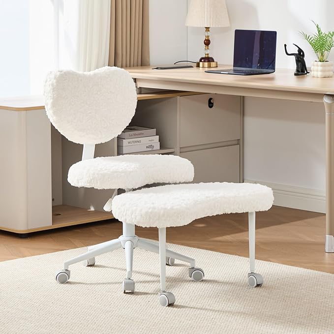 Tomofcessn Cross Legged Chair with Footrest, Plus Size Criss Cross Office Chair, Memory Foam Cushion, Armless Swivel Desk Chair with Wheels, Active Sitting for Home Office,Artificial Rabbit Fur