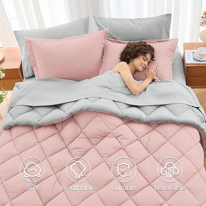 MUXHOMO 5 Pieces Twin XL Comforter Set, Reversible Bed in a Bag Twin XL Size, All Season Bedding Set with Comforter, Flat Sheet, Fitted Sheet, Pillowcases & Shams, Pink & Light Grey
