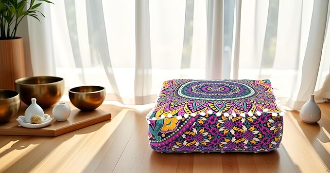 CRAFT KALA Large Hippie Mandala Meditation Floor Ottoman Pillow Cushion Pouf Cover Square Poufs Bohemian Circle Floor Cushion Case Outdoor Fireplace Yoga Living Room Decor Cover New Pink, 16" Square