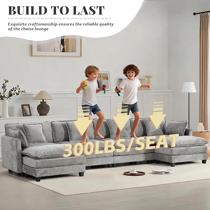 SoarFlash 149.61" Chenille Sectional Sofa, Comfy U Shaped Modular Coush Sofa with Ottoman, Modern 4 Seat Couch Deep Seat Sofa Set for Living Room,Grey