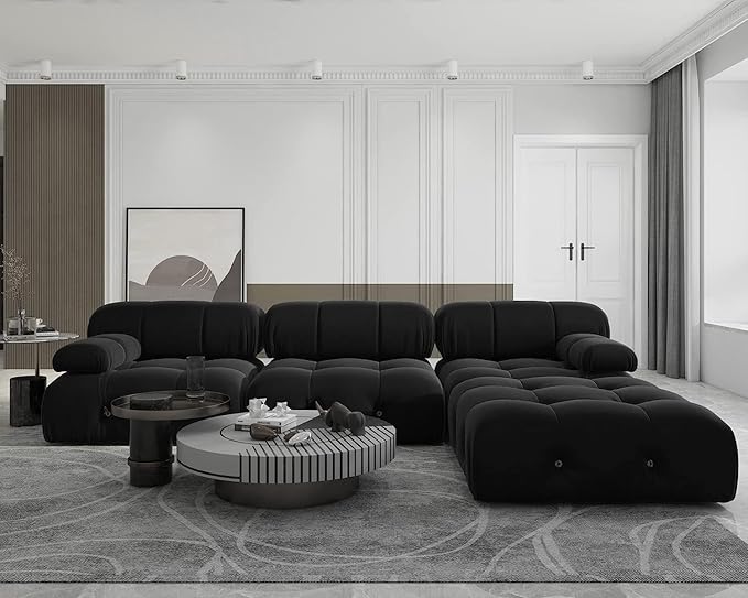 JACH L-Shaped Modular Sectional Couch, Modern Deep 3-Seat Couches with Chaise Ottoman, 104'' Minimalist Teddy Velvet Sectional Sofas, Convertible Sleeper Sofa for Living Room Apartment (Black)